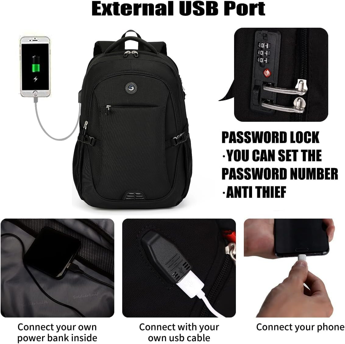 SHRRADOO Durable Waterproof Anti Theft Laptop Backpack Travel Backpacks Bookbag with usb Charging Port for Women & Men School College Students