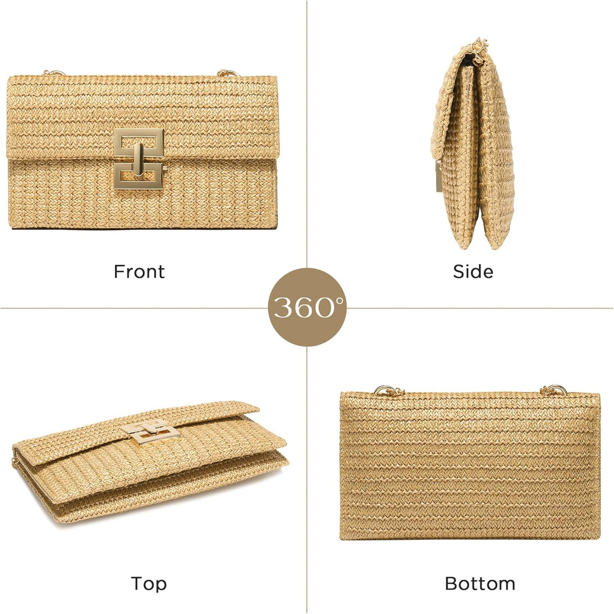 QTKJ Fashion Women Summer Straw Crossbody Bag With Cute Tassels Pendant, Hand-Woven Beach Shoulder Bag With Top Wooden Handle Tote Bag (Khaki