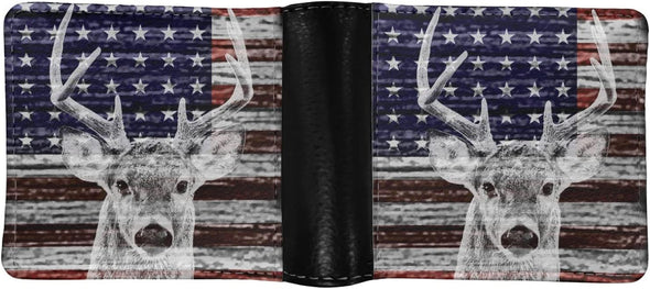 American Flag Deer Hunting Print PU Leather Bi-Fold Wallets for Men Slim Minimalist Money Organzier Card Holder