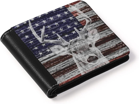 American Flag Deer Hunting Print PU Leather Bi-Fold Wallets for Men Slim Minimalist Money Organzier Card Holder