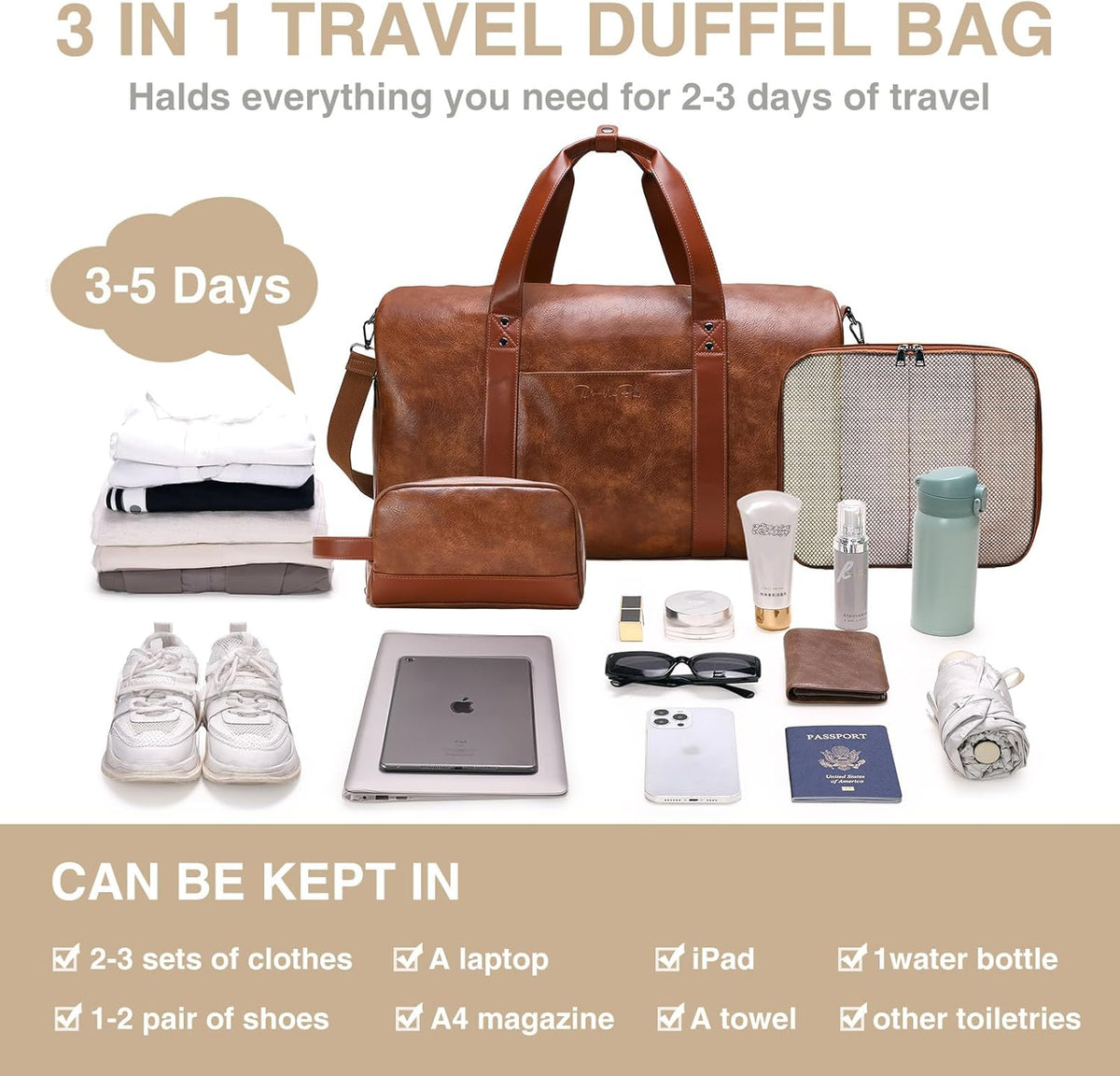 3-in-1 Leather Travel Duffle Bag with Toiletry Bag and Shoe Compartment, Carry On Bag Fits 21 Inch Laptop
