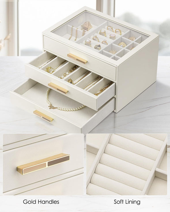Vlando Jewelry Box for Women, Glass Lid Jewelry Organizer with 3 Drawers for Necklaces Rings Earrings Bracelets Mother Day Gift for Mom - Cloud White
