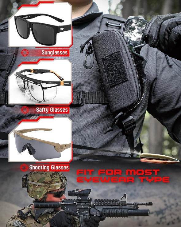 WYNEX Tactical Molle Glasses Pouch, Shockproof Eyeglasses Case Hard Shell, Sunglasses Case with Clip and Zipper, Protective Box with Flag Patch, for Most Glasses, Sunglasses, Goggles