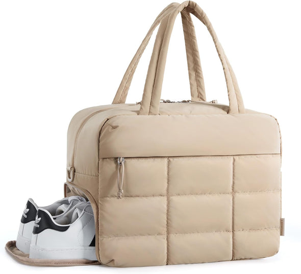 BAGSMART Puffer Travel Duffel Bag, Small Gym Bag for Women, Water-Resistant Weekender with Shoe Compartment, Camel