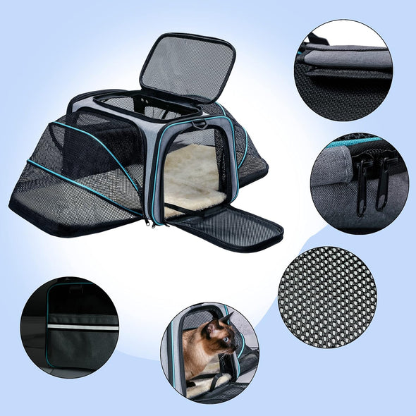 Cat Dog Carrier - Airline Approved Expandable Soft-Sided Pet Carrier with Removable Fleece Pad and Pockets, for Cats/Puppy and Small Animals Large(2 Side Expandable)