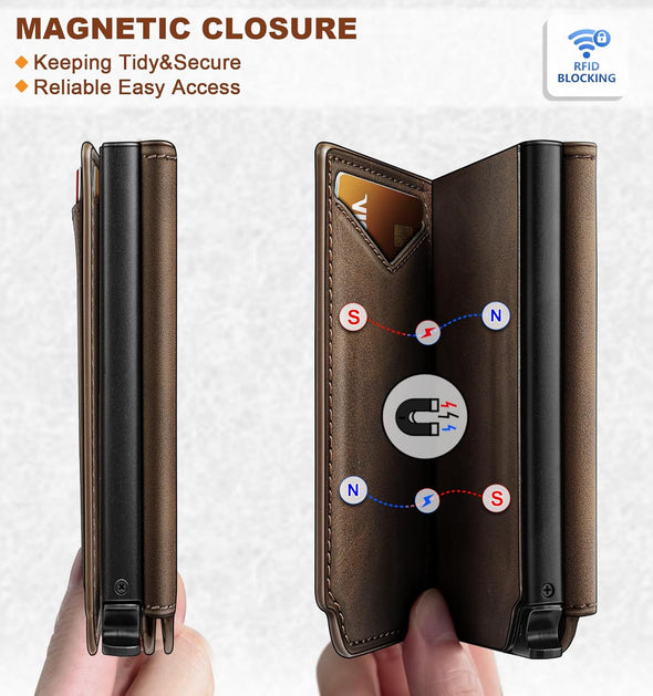 BULLIANT Men Wallet Leather Wallet Card Holders Money Clip for Men 10Cards-Magnetic Flip on Metal Case