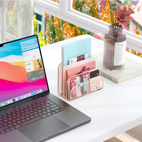 Gianotter Mail Organizer Countertop, Metal File Holder with 3-Slot, Rose Gold Desk Accessories & Workspace Organizers (Rose Gold)