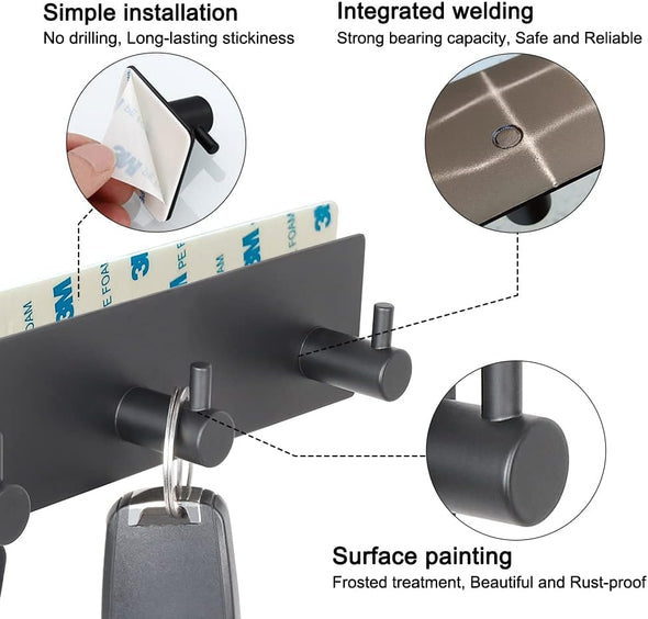 Key Holder for Wall with 2 Self-Adhesive Tapes, No Damage Key Holder Rack for Wall with 3 Key Hooks for Entryway, Door, Bathroom, Kitchen(Black)