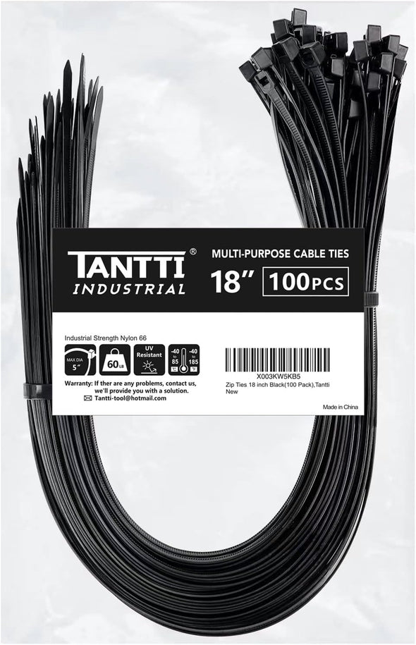 Zip Ties 18 Inch (100 Pack), Black, 60Lb Tensile Strength, UV Resistant Cable Ties for Indoor and Outdoor Use, by Tantti Supply
