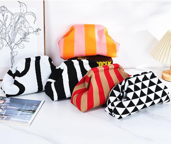 DIHKLCIO Clutch Purses for Women 2025 Summer Beach Woven Crochet Bag Dumpling Striped Ruched Cloud Purse Evening Handbag