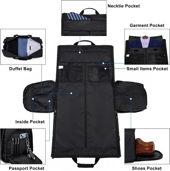 Garment Bags for Travel Large Suit Bag for Men Carry on Garment Bag Convertible Garment Duffle Bag with Shoes Compartment,2 in 1 Hanging Dress Suitcase Suit Travel Bags,Black