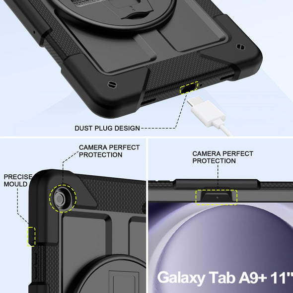 BMOUO for Samsung Galaxy Tab A9+ plus Case 11" 2023 (SM-X210/X216/X218), Shockproof Galaxy Tab A9 plus Case with Rotating Stand and Hand/Shoulder Strap, Black