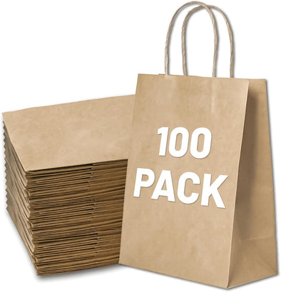 Gift Bags 8.25"X5.9 "X3.15" 100Pcs Brown Kraft Paper Bag with Handles for Small Business Christmas Bulk, Wedding, Party Favor, Shopping, Lunch, Halloween Trick-Or-Treat Bags