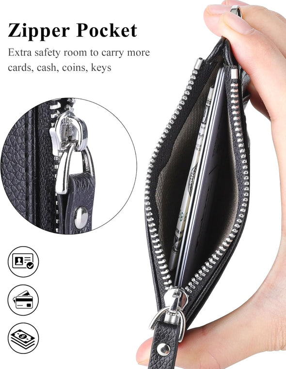 Teskyer Slim Wallet for Men Women, 8 Card Slots & 1 Zip Pocket, Small Credit Card Holder, RFID Travel Wallet with Gift Box - Lichee Black