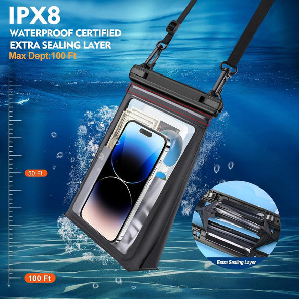 Large Floating Waterproof Phone Pouch [With Sealing Strip], Cell Phone Dry Bag for Iphone 16 15 14 13 12 Pro Max Galaxy Google All Devices, Float Waterproof Bag for Beach Vacation Black