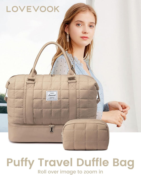 LOVEVOOK Large Duffle Bag for Travel, Puffer Weekend Bags for Women Travel Tote, Carry on Duffel Bag for Airplanes, 18 Inch Personal Item Bag Gym Bag Women, Coffee