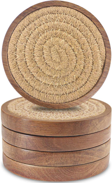 Wood Coasters for Drinks, Eykao Absorbent Coaster Sets of 5, Woven Drink Coasters for Coffee Table, Housewarming Gift for Farmhouse Home Decor,4 Inches