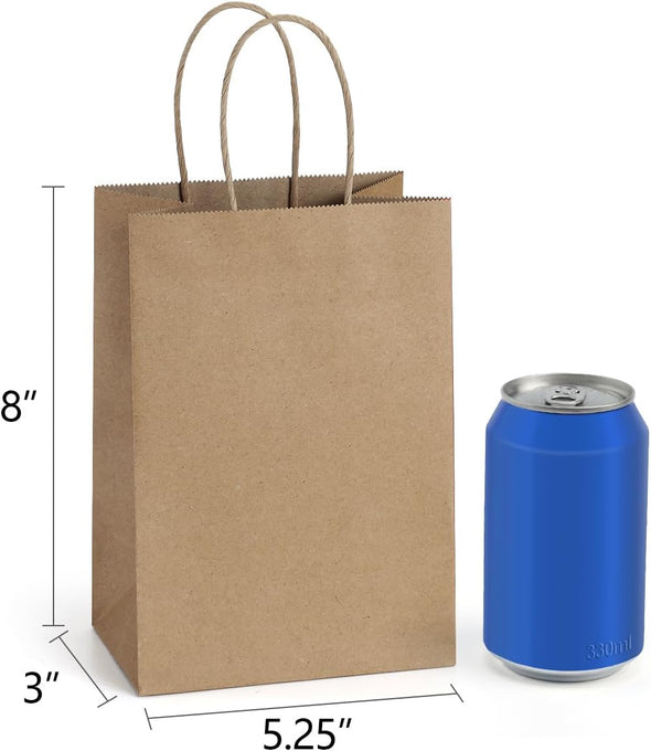Bagdream Gift Bags 100Pcs 5.25X3X8 Small Kraft Paper Gift Bags with Handles Bulk, Brown Paper Sacks for Small Business, Retail, Merchandise, Wedding Birthday Party Favor