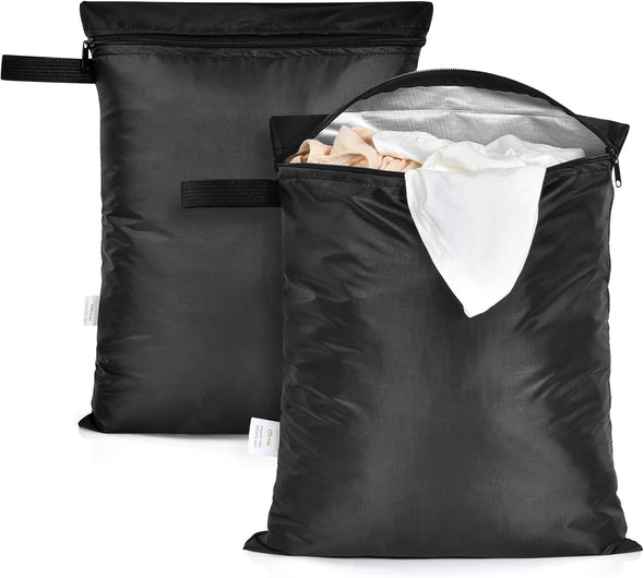 2 Pack Swimsuit & Towel Wet Dry Sack - 12 X 16 Inch Waterproof Clothes Bag with Handle & Zippered Oxford Cloth - Black