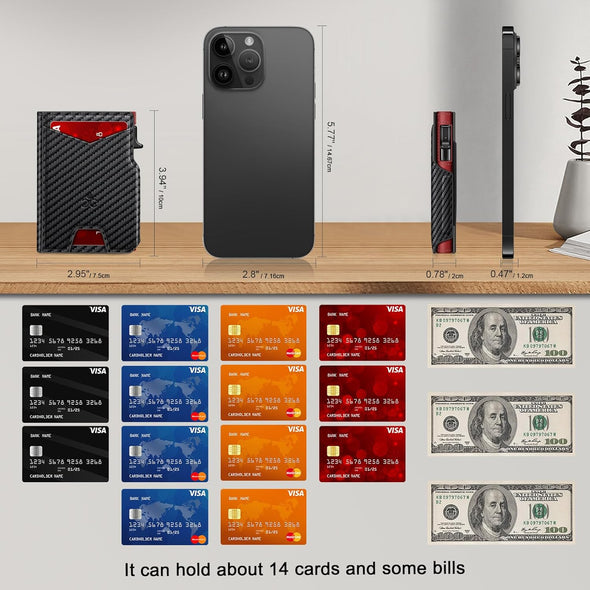Wallet for Men Wallet with Slim Pop up Card Holder 9-13 Cards, Bifold Minimalist Smart Wallet RFID Blocking Credit Card Holder with ID Window & Stretchable Cash Slot Compact Metal Aluminum Card Case