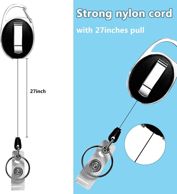 20 Pack Retractable Badge Holder with Carabiner Reel Clip, Badge Reel Bulk ID Card Key Holder with Ring, Heavy Duty Black Key Chain Extender for Office Work Employee