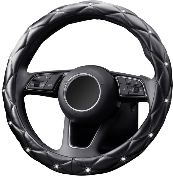 YOGURTCK Diamond Soft Leather Anti-Slip Steering Wheel Cover with Bling Bling Crystal Rhinestones, Universal 15 Inch for Women Girls, Fit Vehicles, Sedans, Suvs, Vans, Trucks - Black