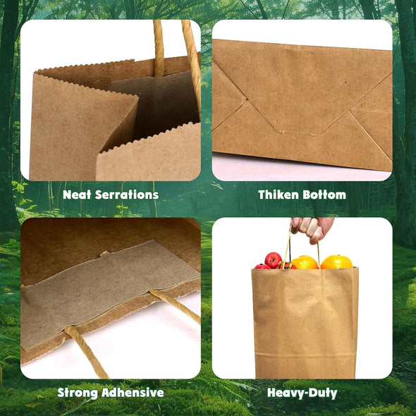 Small Brown Paper Bags with Handle Kraft Gift Bags 100 Pack, 5.25X3.25X8.25 Inch Small Gift Bag for Wedding, Christmas, Birthday Party Favors, Grocery, Craft, Retail Shopping, Goody, and Business