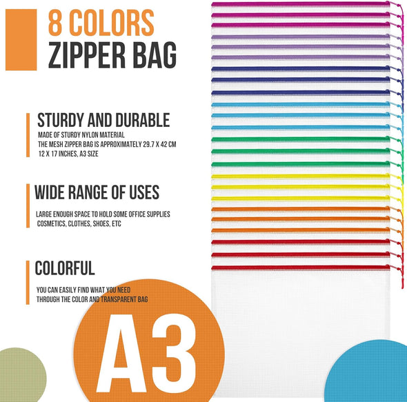 24Pcs Mesh Zipper Pouch File Bags Puzzle Storage Bags, A3 17X12 Inches Large Reusable Zipper Pouches for Organizing Classroom Board Game Organization