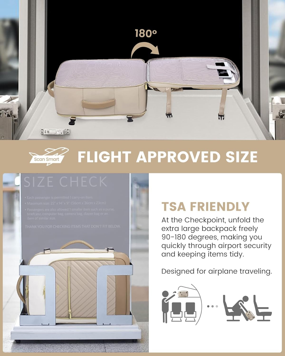 22 x 14 x 9 travel backpack LOVEVOOK Travel Laptop Backpack 40L/50L with 180° Opening and Multiple Compartments, 40L / Khaki