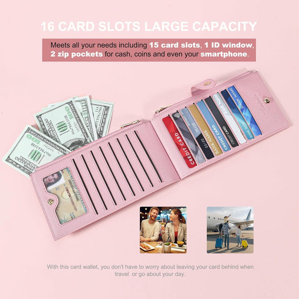 Travelambo RFID Wallet Women Large Size Bifold Multi Card Wallet Case with Zipper Pocke Credit Card Holder for Women