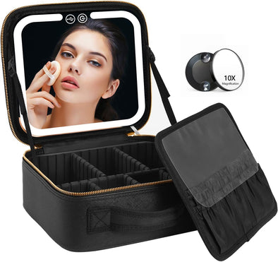 VANMRIOR Travel Makeup Bag with LED Lighted Make up Case with Mirror 3 Color Setting Cosmetic Makeup Box Organizer Vanity Case for Women Beauty Tools Accessories Case Rechargeable