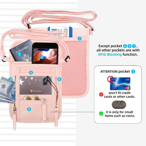 WALNEW Passport Holder Neck Pouch Travel Wallet for Women and Men, RFID Blocking Security Slim Traveling Wallet with around Neck Lanyard Strap