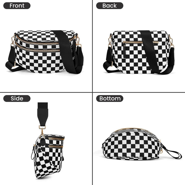 Bum Bags for Women Crossbody,Nylon Checkered Crossbody Bag Large Sling Bag Checkered Purse Oversized Slouchy Belt Bag