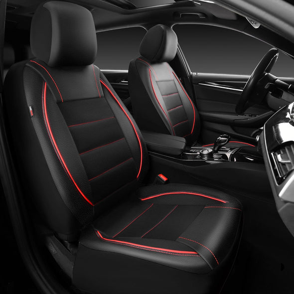 CAR PASS Universal FIT Piping Leather Two Front Seat Covers, Waterproof Faux Leather for SUV Sedan Van Truck, Airbag Compatible,Reserved Opening Holes for Headrest Covers. (Black Red)