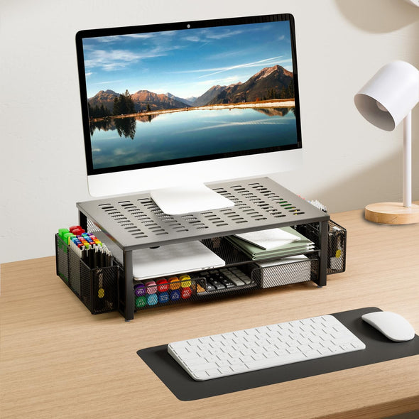 Gianotter Desk Computer Monitor Stand Riser with Drawer and 2 Pen Holder, Desk Organizer, Monitor Stand for Desk, Storage for Classroom Office Supplies Decor (Black)