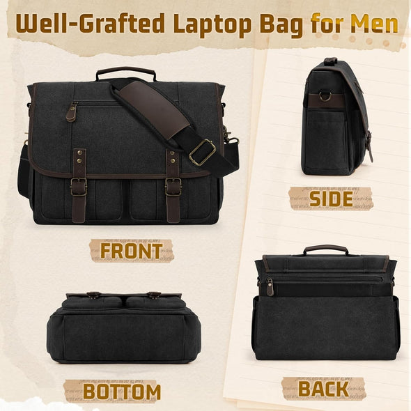 RAINSMORE Mens Messenger Bag 17-17.3 Inch Vintage Canvas Briefcase Water-Resistant Large Computer Laptop Bag Rugged Satchel Shoulder Bag for Work Travel, Bookbag for College