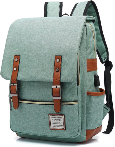 UGRACE Vintage Laptop Backpack with USB Charging Port, Water Resistant Travelling Backpacks College Bag for Men Women, Fits up to 15.6Inch Laptop in Green
