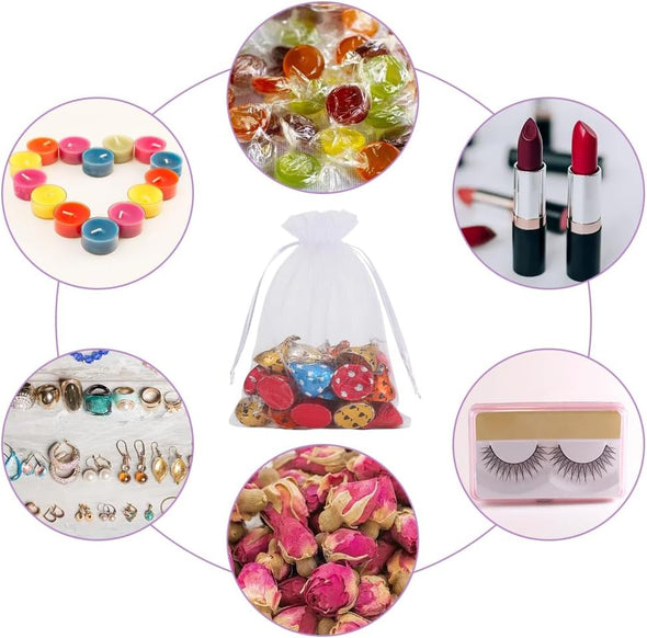 HRX Package 100Pcs White Organza Bags, 4X6 Inch Mesh Bags Drawstring Gift Bags Jewelry Pouches for Candy Wedding Favors Christmas