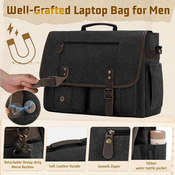 RAINSMORE Mens Messenger Bag 17-17.3 Inch Vintage Canvas Briefcase Water-Resistant Large Computer Laptop Bag Rugged Satchel Shoulder Bag for Work Travel, Bookbag for College