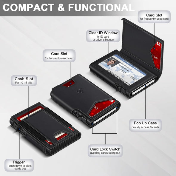 Wallet for Men Wallet with Slim Pop up Card Holder 9-13 Cards, Bifold Minimalist Smart Wallet RFID Blocking Credit Card Holder with ID Window & Stretchable Cash Slot Compact Metal Aluminum Card Case