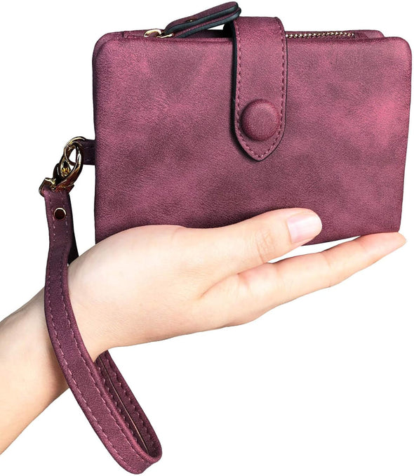 Pofeexio Womens Small Bifold Leather Wallets RFID Ladies Wristlet with Card Slots Id Window Zipper Coin Purse