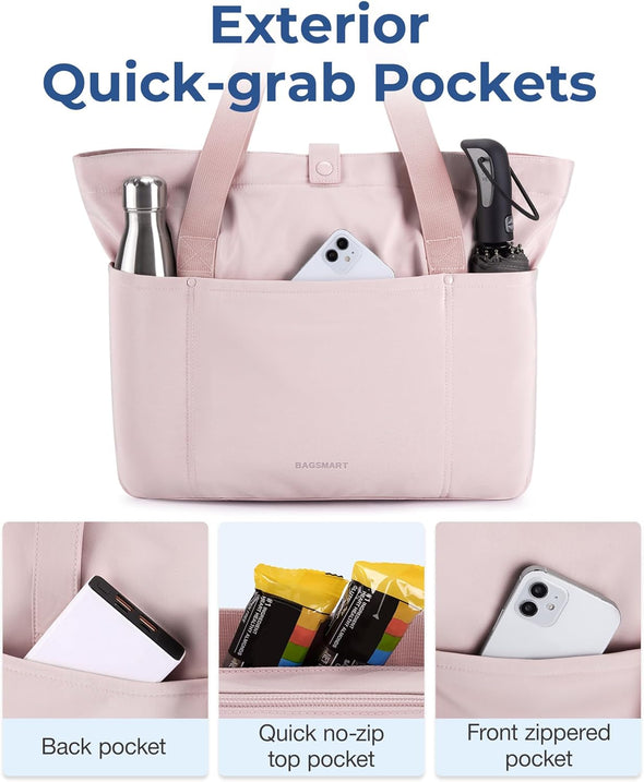 BAGSMART Tote Bag for Women, Foldable Tote Bag with Zipper Travel Large Shoulder Bag Handbag for Work-16.5''L X 6''Wx 14''H