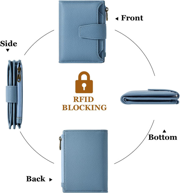 Small Wallet Women RFID Blocking Soft Leather Bifold Compact Card Holder Wallet for Women with Zipper Coin Pocket 4 ID Window