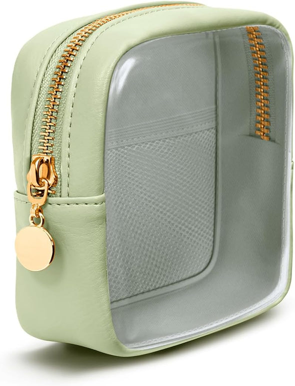 Wandering Nature Clear Makeup Bag for Purse Mini Make up Cute Cosmetic Bag Pouch for Women with Slip-In Pockets Travel Toiletry Essentials Eco Vegan Leather Organizer Bags(Patent Pending)