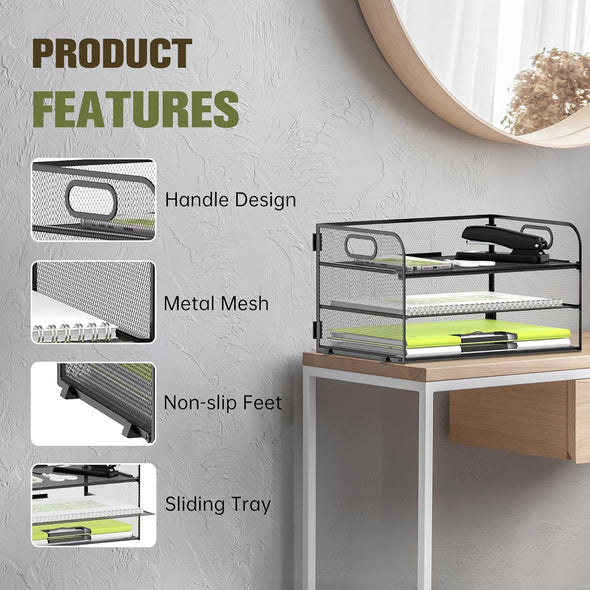 Daltack 3-Tier Paper Organizer with Handle, Mesh Desk Organizer Letter Tray, Paper Tray Organizer File Organizer for A4 File Folder, Black