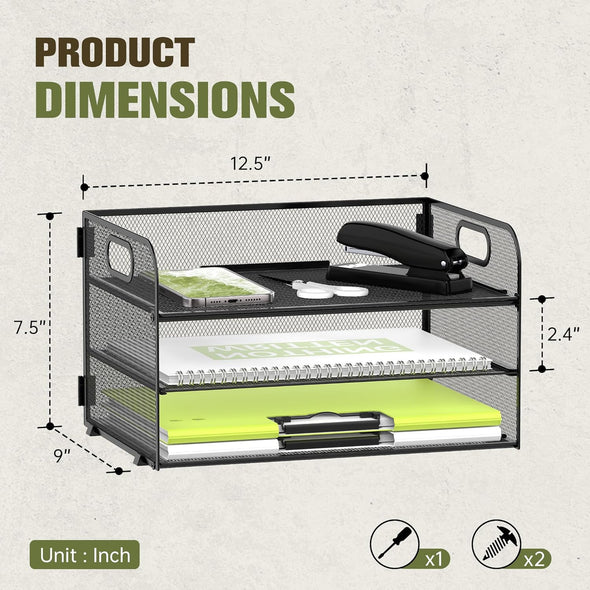 Daltack 3-Tier Paper Organizer with Handle, Mesh Desk Organizer Letter Tray, Paper Tray Organizer File Organizer for A4 File Folder, Black