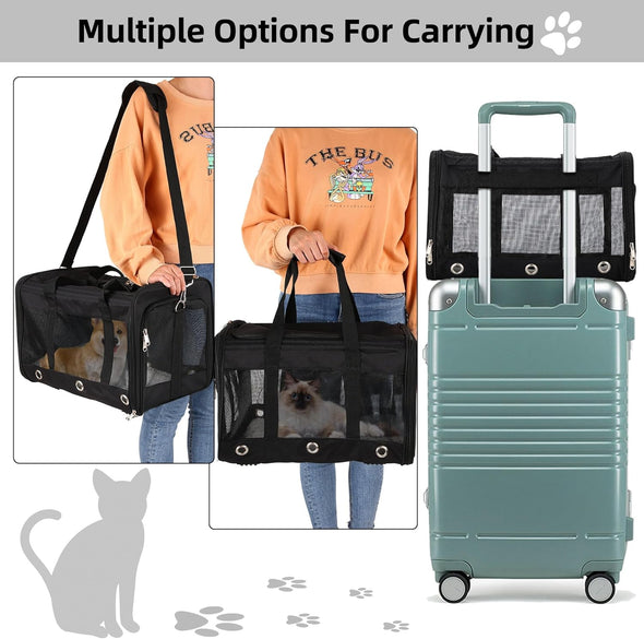 Soft Sided Cat/Dog Carrier,Collapsible Pets Travel Carriers for Pet/Puppy with Shoulder Strap & Removable Mat,Mesh Top Load Small Dogs/Cats Carry Bag up to 17 Lbs TSA Airline Approved（Black,M）