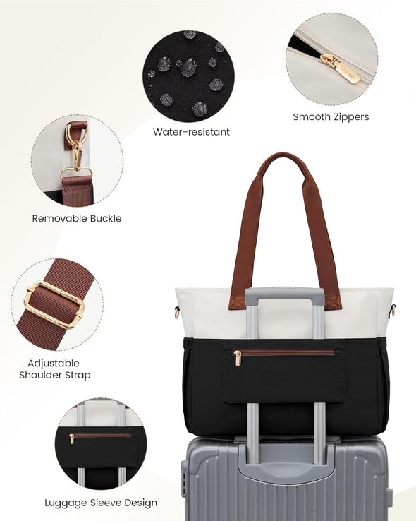 LOVEVOOK Laptop Bag for Women 15.6 Inch Canvas Laptop Large Capacity Work Bags Mutiple Pockets Teacher Bag Water Resistant Computer Bags for Business Travel Nurse, Black Brown