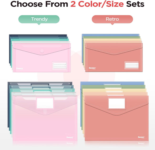 Sooez 10Pack Plastic Envelopes, Plastic File Folder, Folders for Documents Retro Colors, Super Heavyweight Document Holder, Storage Pouches, File Envelopes for School Office Supplies