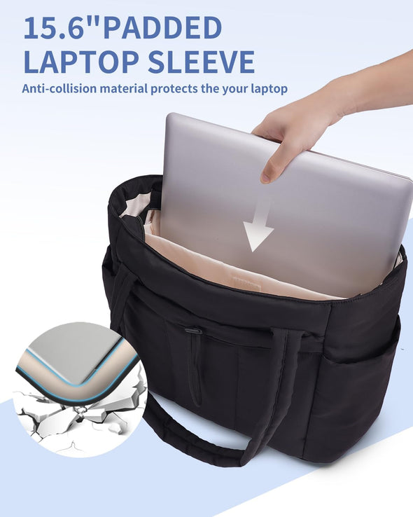 Wandering Nature Puffer Tote Bag with Cup Holder & Laptop Compartment & Trolley Sleeve for Travel, Work, Nurse, Women